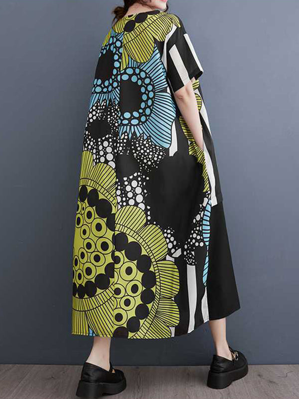 A-line Loose Flower Print Pockets Split-joint Round-neck Midi Dresses
