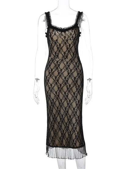 Printed Lace Backless Long Dress Female Spaghetti Ruffled Patchwork Slim See-through Party Dress Lace-up Maxi Dress
