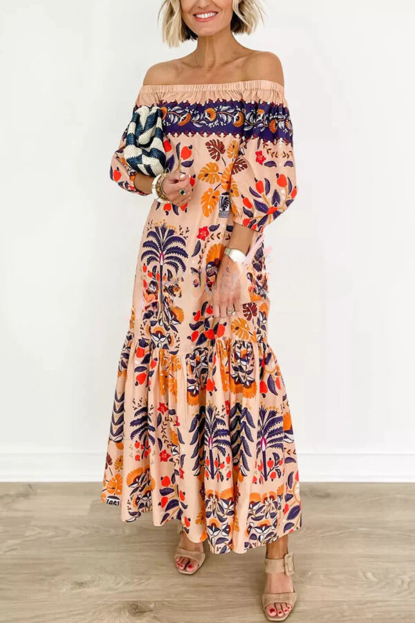 Island Lover Printed Off the Shoulder Pocketed Flowy Midi Dress