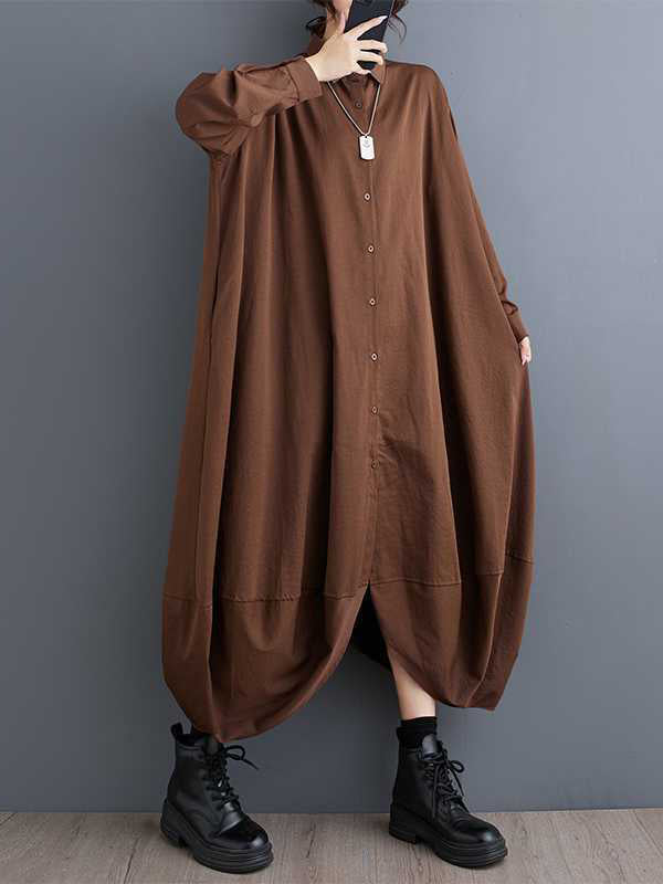 A-line Long Sleeves Buttoned Pockets Color Split-joint Lapel Midi Dresses Shirt Dress