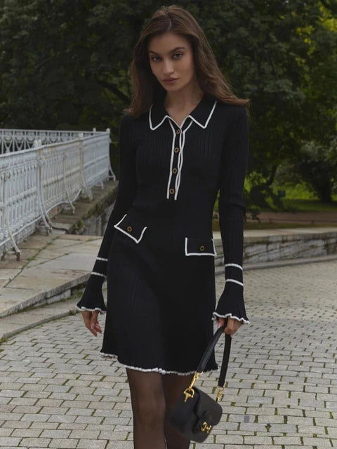 High Waist Ruffled Maxi Dresses for Autumn Winter Knitted Slim Long Dress ’s Dress Woman Retro