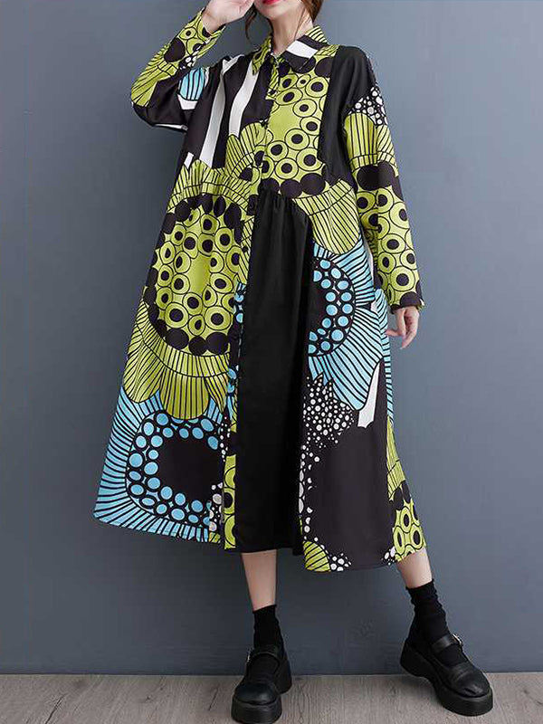 A-line Long Sleeves Asymmetric Buttoned Printed Split-joint Lapel Midi Dresses Shirt Dress