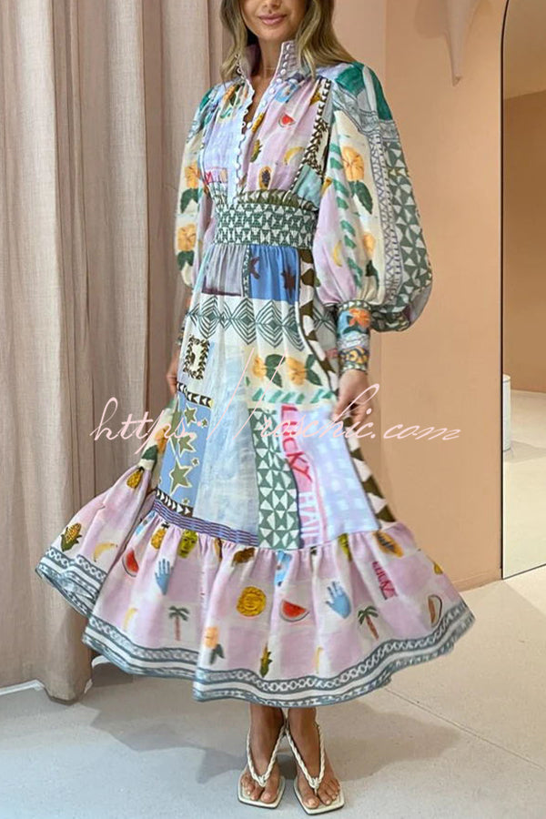 Playfully Unique Print Balloon Sleeve Smocked Waist Shirt Midi Dress