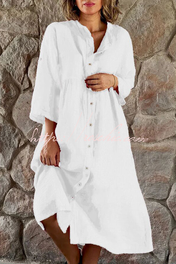 Mindful Cotton Blend Color Button Midi Dress