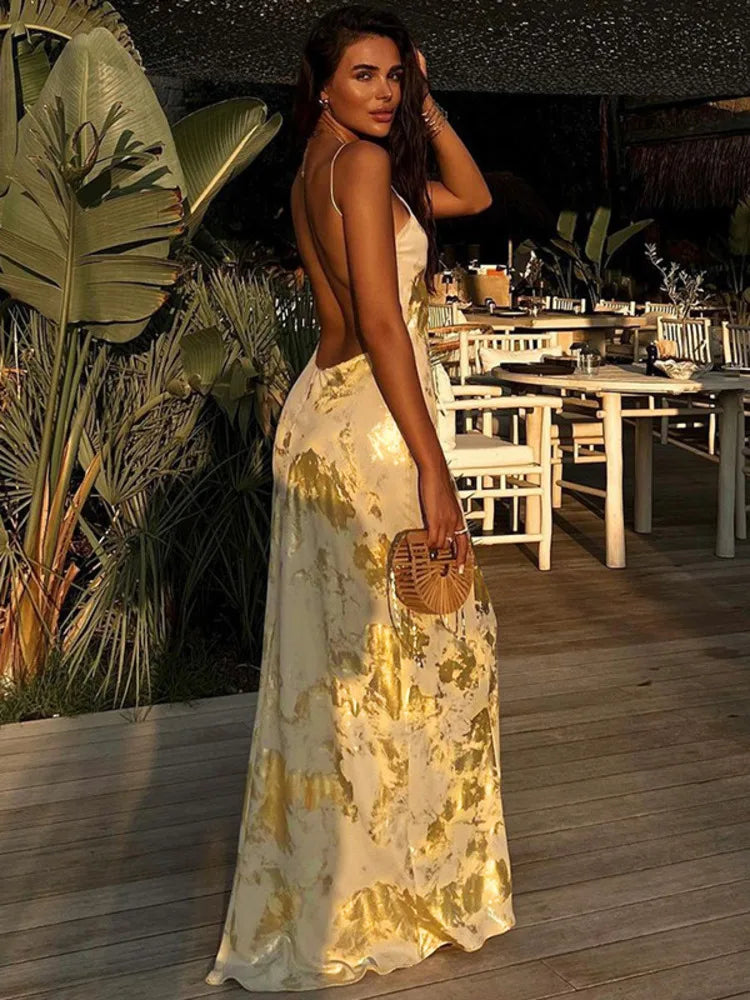 Spaghetti Strap Backless Bodycon Dress V Neck Backless Slipdress Club Party Long Dress