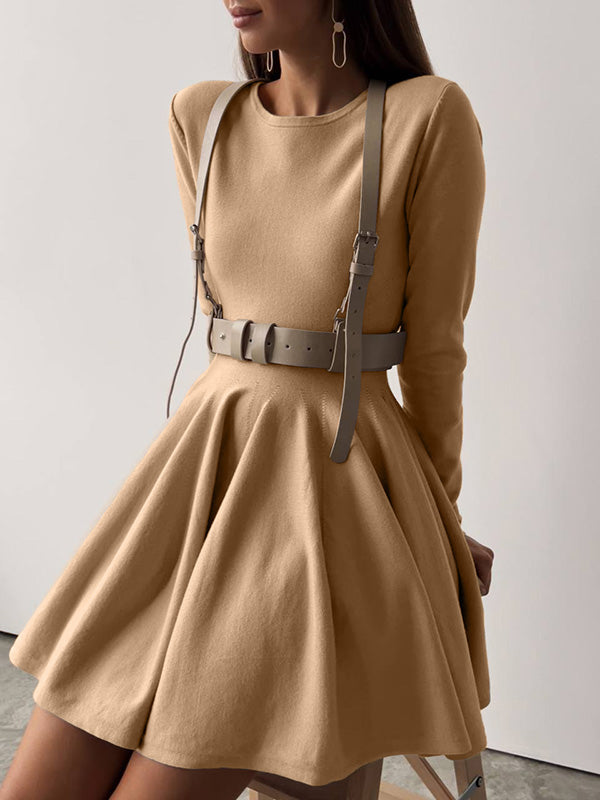 A-line High Waisted No Belt Pleated Color Round-neck Mini Dresses