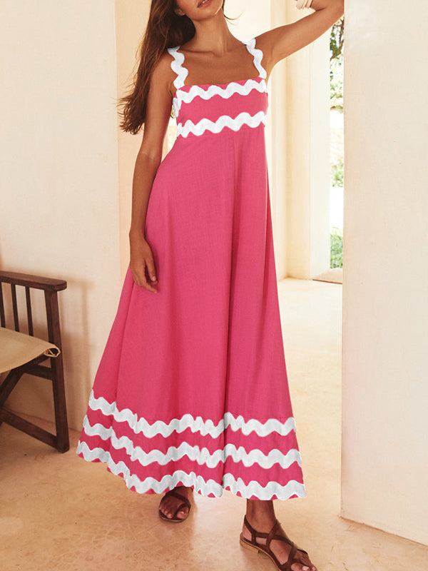 A-line High Waisted Contrast Color Zipper Square-neck Midi Dresses
