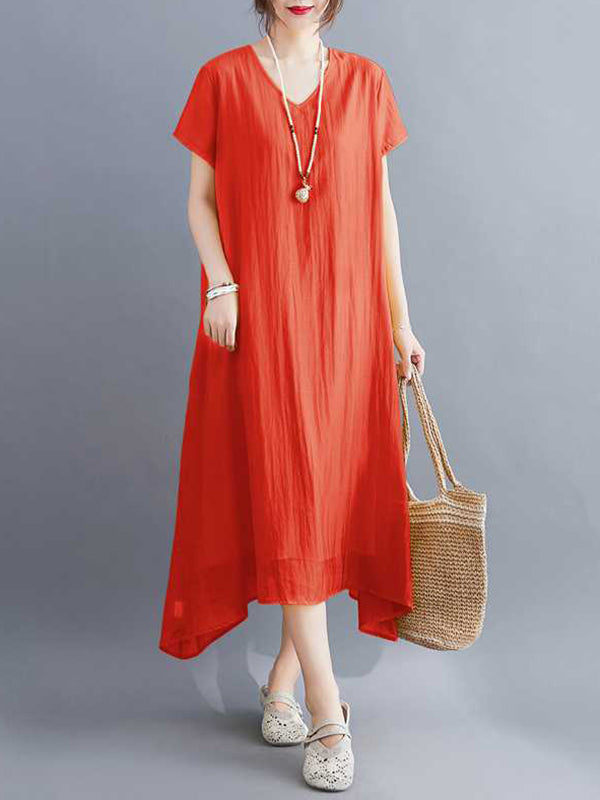 A-line Loose Color V-neck Midi Dresses