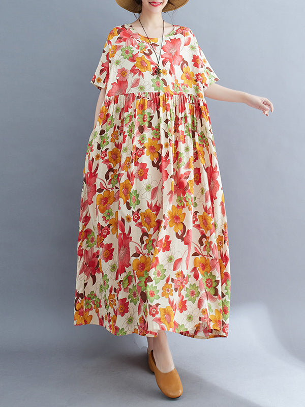 Loose Short Sleeves Pleated Printed Split-joint Round-neck Midi Dresses