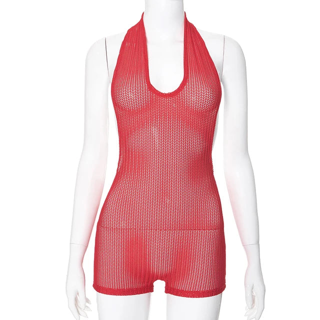 See Through Mesh Short Rompers Deep V Backless Sleeveless Jumpsuit Club Outfits Summer Clothes 202