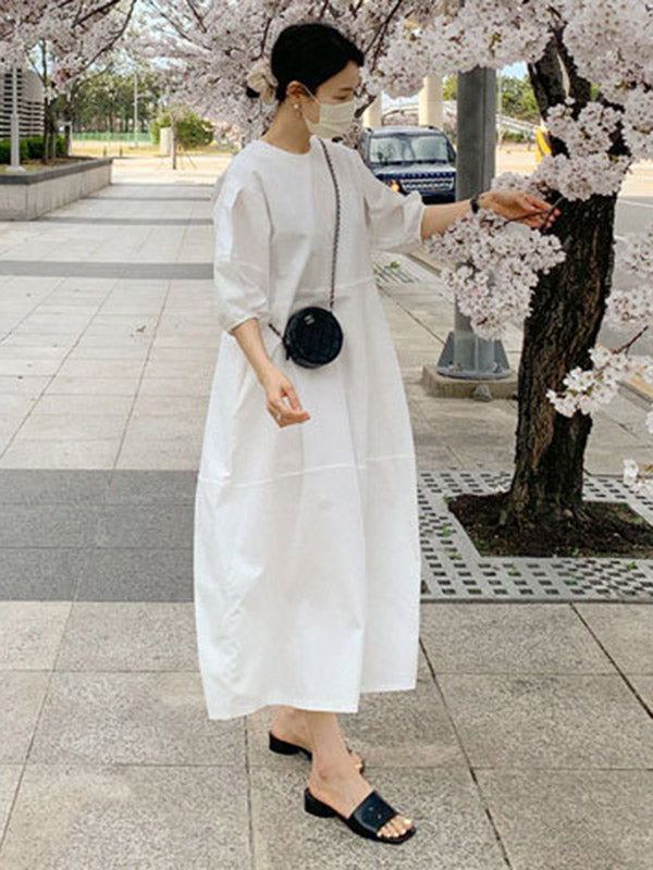 Round-neck Bishop Sleeve Loose Color Midi Dress