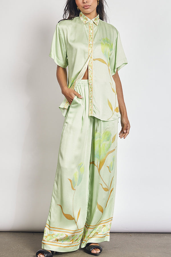 Niah Satin Tulip Print Lapel Short Sleeve Shirt and Elastic Waist Tie Pocket Wide Leg Pants Set