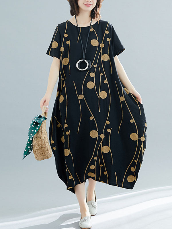 Loose Short Sleeves Printed Round-neck Midi Dresses