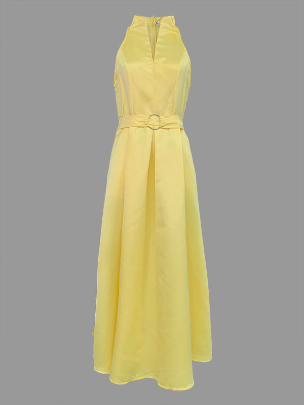A-line Loose Belted Pleated Pockets Color V-neck Midi Dresses