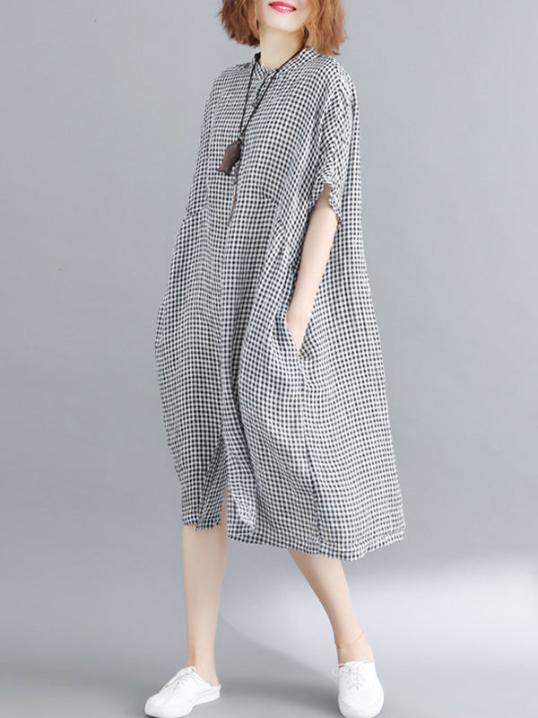 Artistic Retro Loose Split-joint Plaid Buttoned Stand Collar Half Sleeves Midi Dress