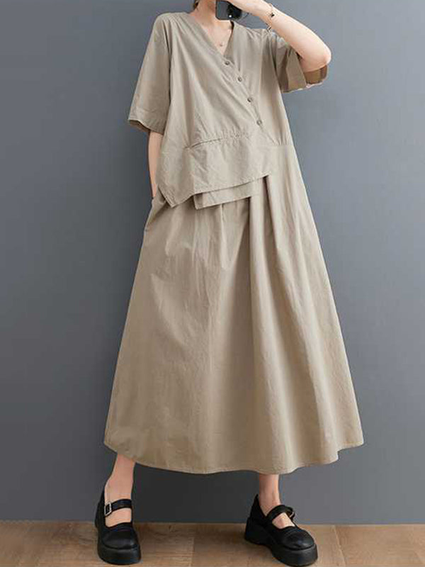 Loose Short Sleeves Pleated Color Split-joint V-neck Midi Dresses