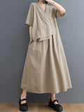 Loose Short Sleeves Pleated Color Split-joint V-neck Midi Dresses