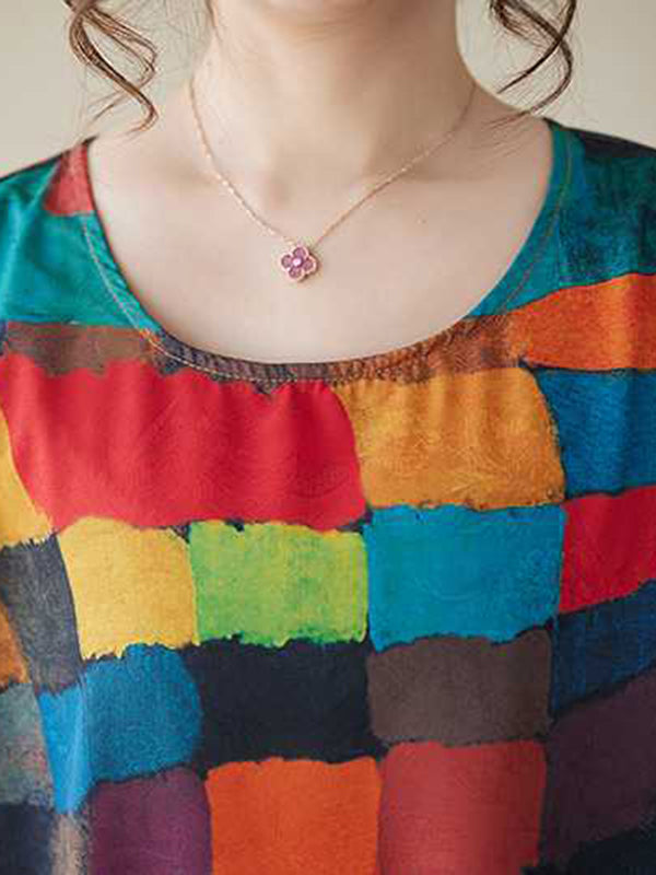 Loose Sleeveless Contrast Color Multi-colored Plaid Round-neck Midi Dresses