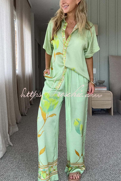 Niah Satin Tulip Print Lapel Short Sleeve Shirt and Elastic Waist Tie Pocket Wide Leg Pants Set