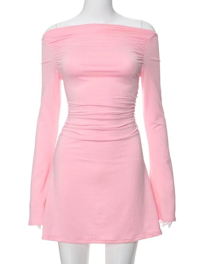 Julissa Mo Autumn Slash Neck Long Sleeve Ruched Pink Mini Dress for Slim Fit A-line Dress Party Clubwear