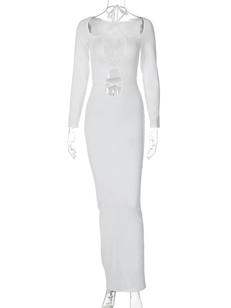 Hollow Out Dress for Lace Up Slim Bodycon Dress ’s Party Temperament Maxi Dresses Woman Clothes New