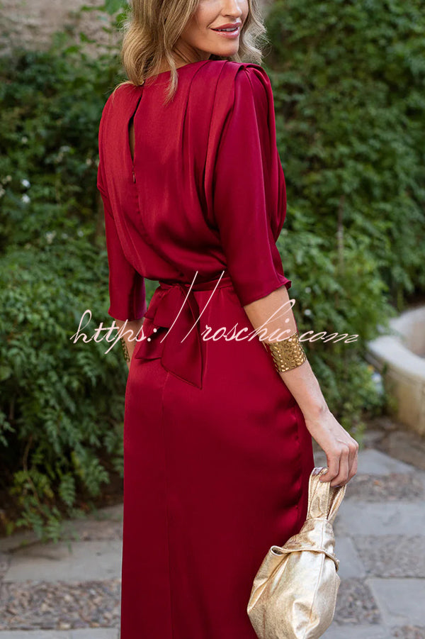 Satin Color Round Neck Half Sleeve Waist Midi Dress