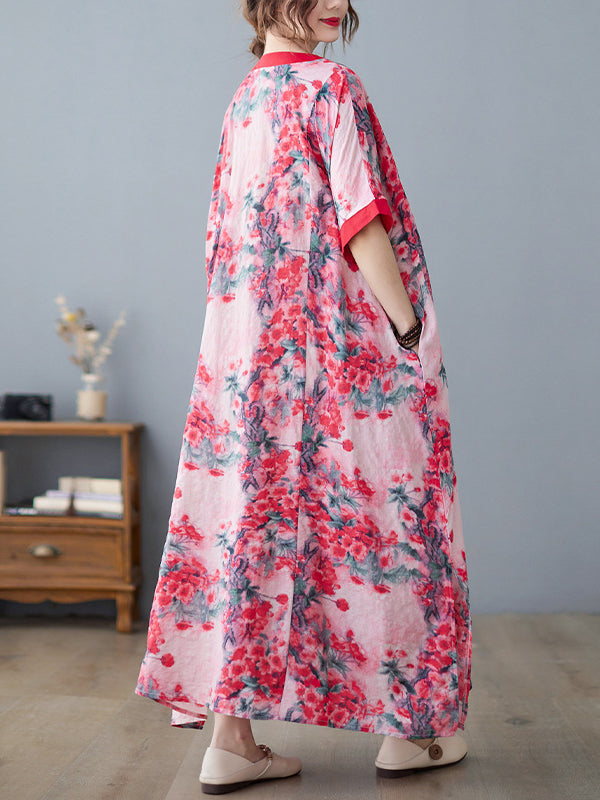 Loose Artistic Retro Printed Split-joint V-neck Midi Dress