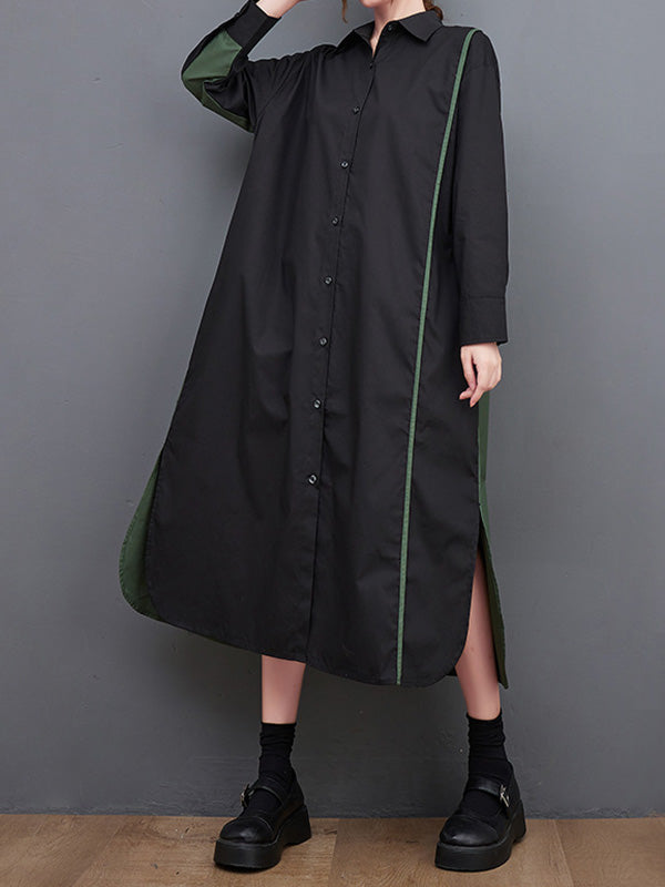 Long Sleeves Loose Asymmetric Buttoned Split-joint Split-side Lapel Midi Dresses Shirt Dress