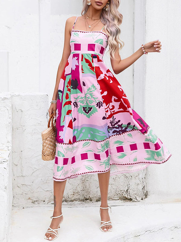 High Waisted Sleeveless Pleated Printed Split-joint Collarless Midi Dresses Slip Dress