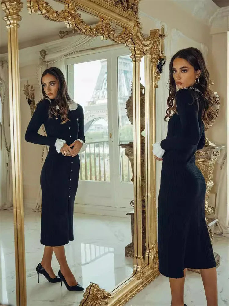 Winter Knitwear V-neck Maxi Dress Female Ruffled High Waist Cardigan Ribbed Sweater Party Dress ’s Knit Dress