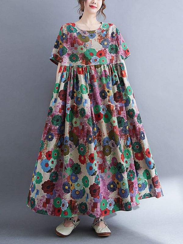 Loose Multi-colored Printed Midi Dress
