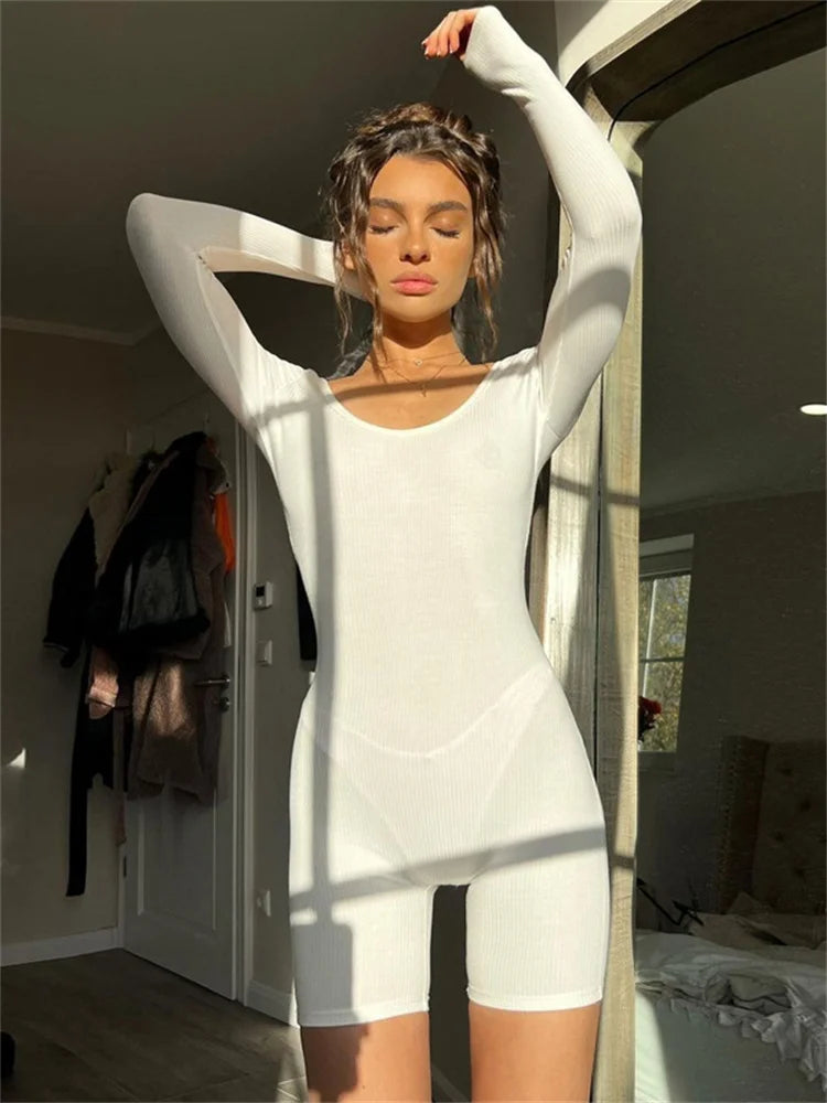 Hot Slim White Rompers for Skinny Short Jumpsuit Fitness Backless Ribbed Playsuit Tracksuit