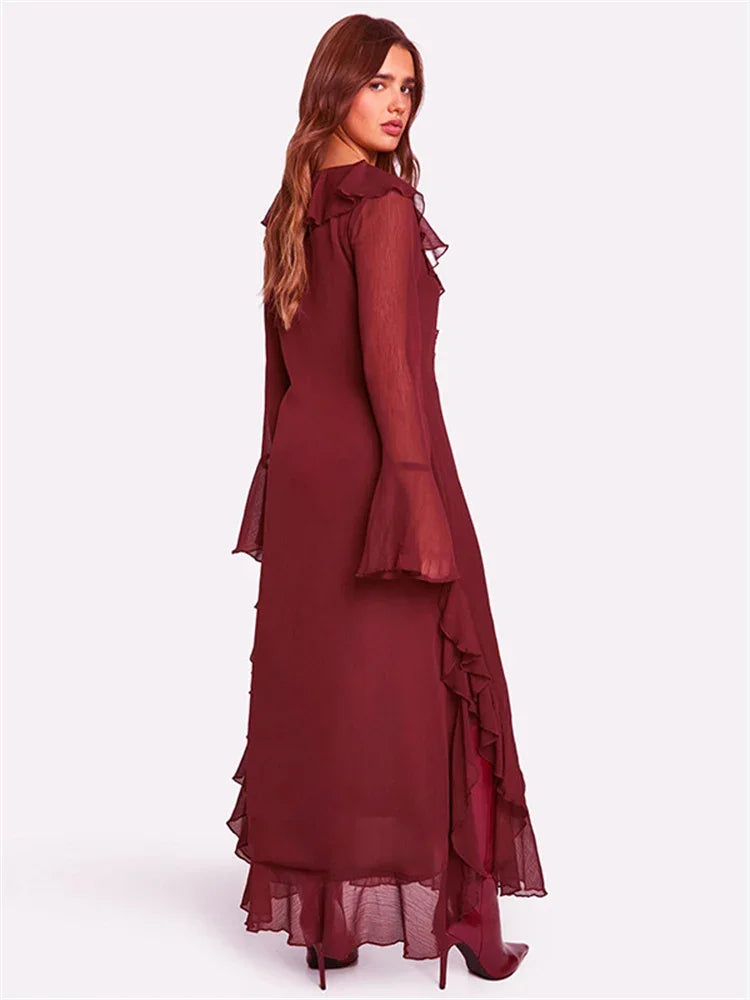 Mesh Ruffled Long Dress ’s V-neck Loose High Waist Patchwork Party Dress Female Autumn Maxi Dress New