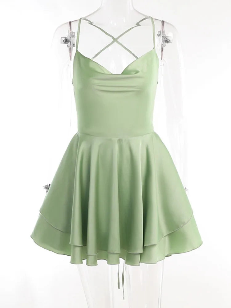 Satin Spaghetti Strap Mini Dress for Robe New Sleeveless Backless Lace-up Short Dress Female Party Vestidos