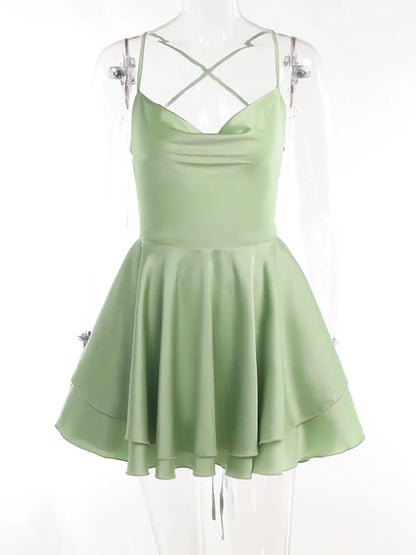 Satin Spaghetti Strap Mini Dress for Robe New Sleeveless Backless Lace-up Short Dress Female Party Vestidos
