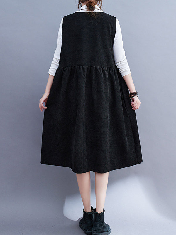 Artistic Retro Loose Sleeveless Color Round-neck Midi Dresses