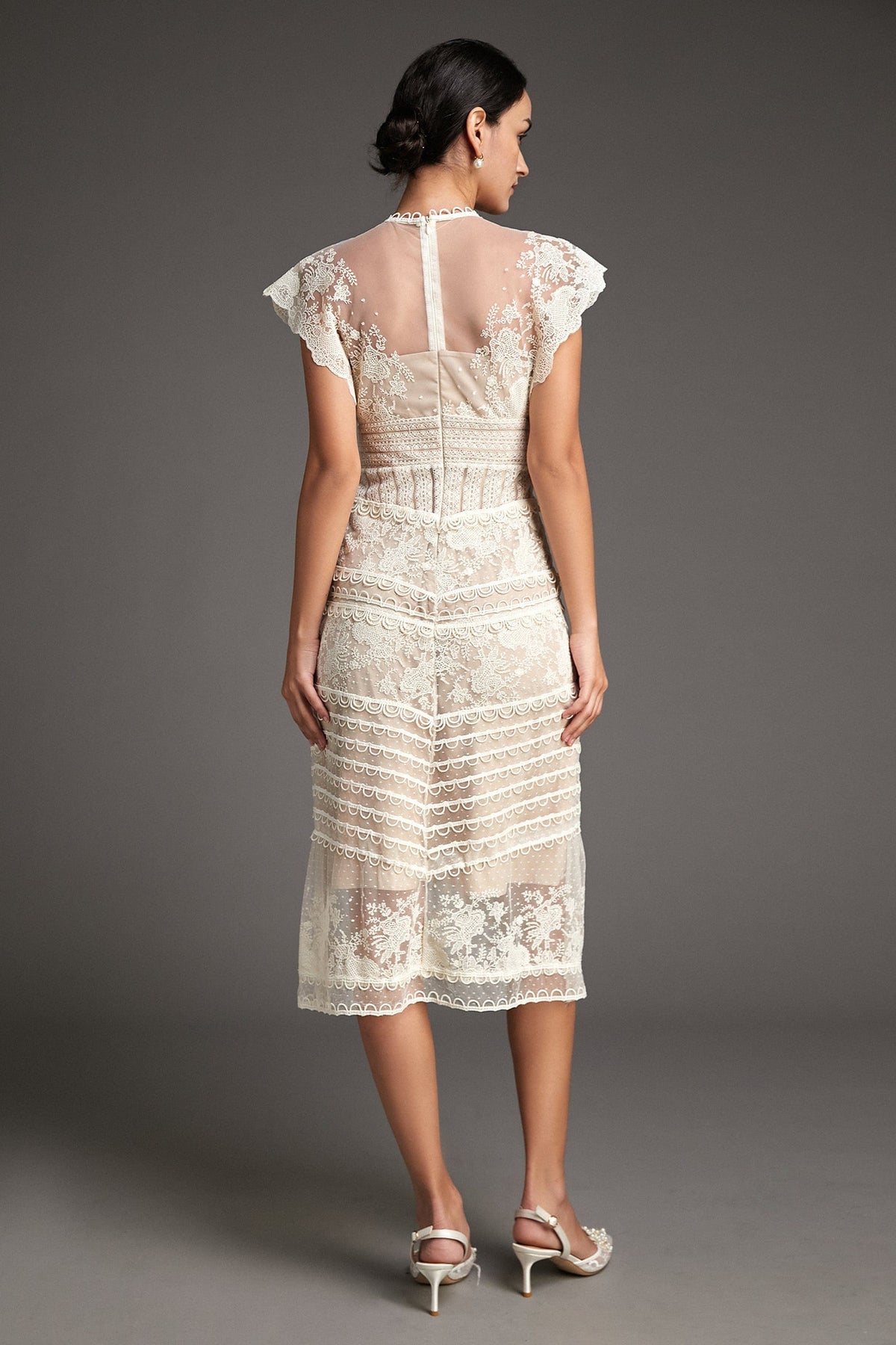 Lydia Flower Embroidered Mesh Midi Dress