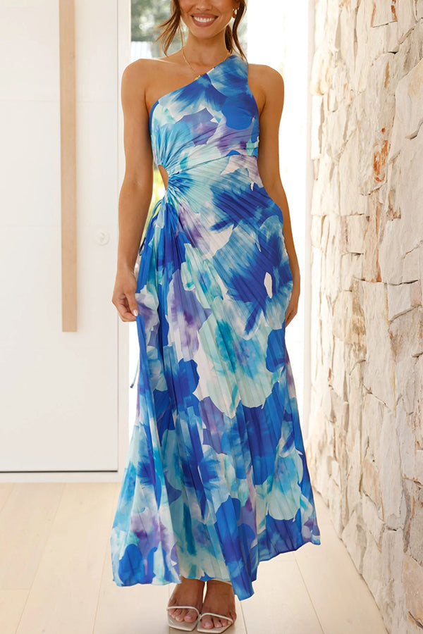 Laken Print One Shoulder Adjustable Tie Cutout Pleated Maxi Dress