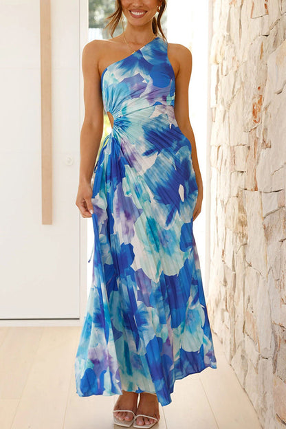 Laken Print One Shoulder Adjustable Tie Cutout Pleated Maxi Dress