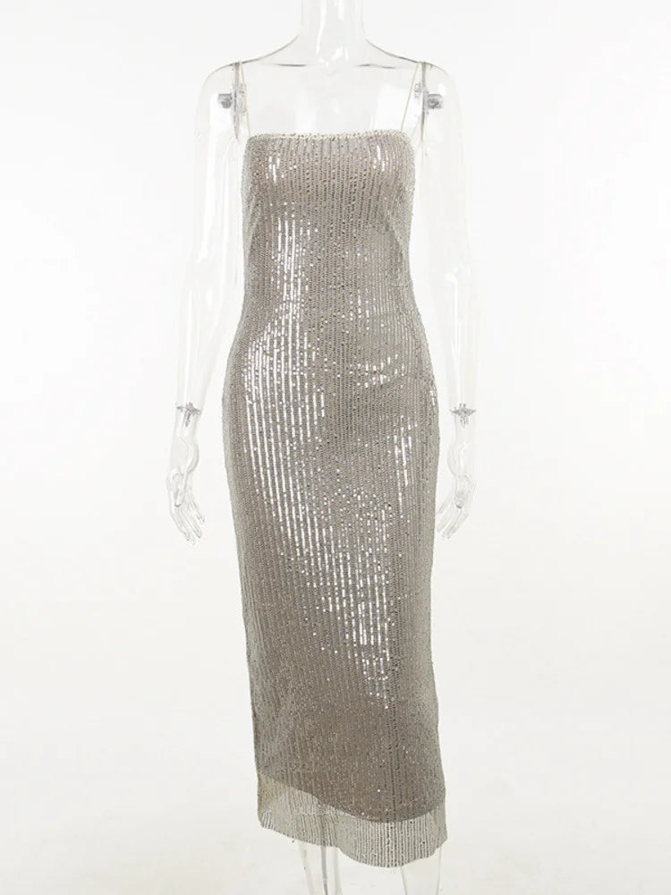 Spaghetti Strap Sparkle Maxi Dress Glitter Split Sleeveless Long Dress Party Club Dress