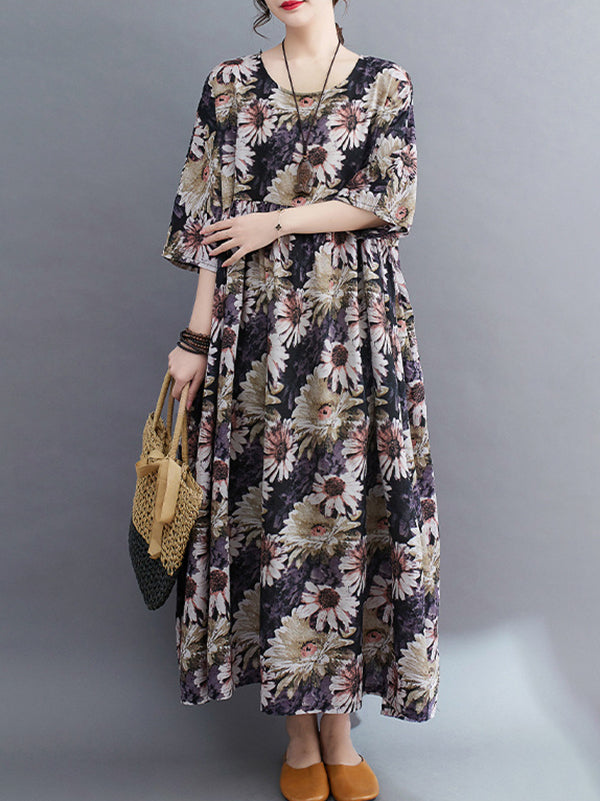 Loose Raglan Sleeve Printed Pleated Split-joint Round-neck Midi Dresses