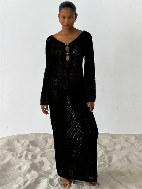 White Knit Cover Up Maxi Dress – Female See-through V-neck Hollow Out Beach Holiday Dress
