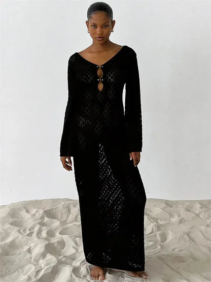 White Knit Cover Up Maxi Dress – Female See-through V-neck Hollow Out Beach Holiday Dress