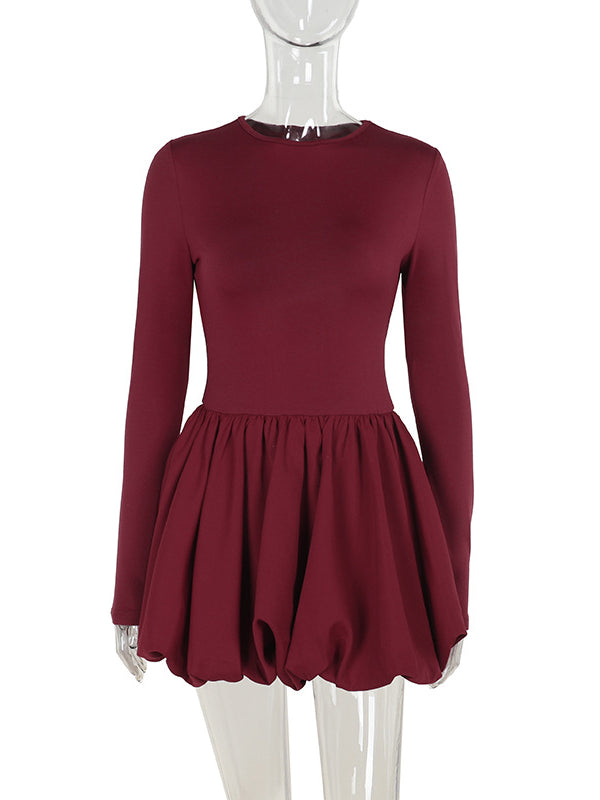 Long Sleeves Skinny Pleated Color Split-joint Round-neck Mini Dresses