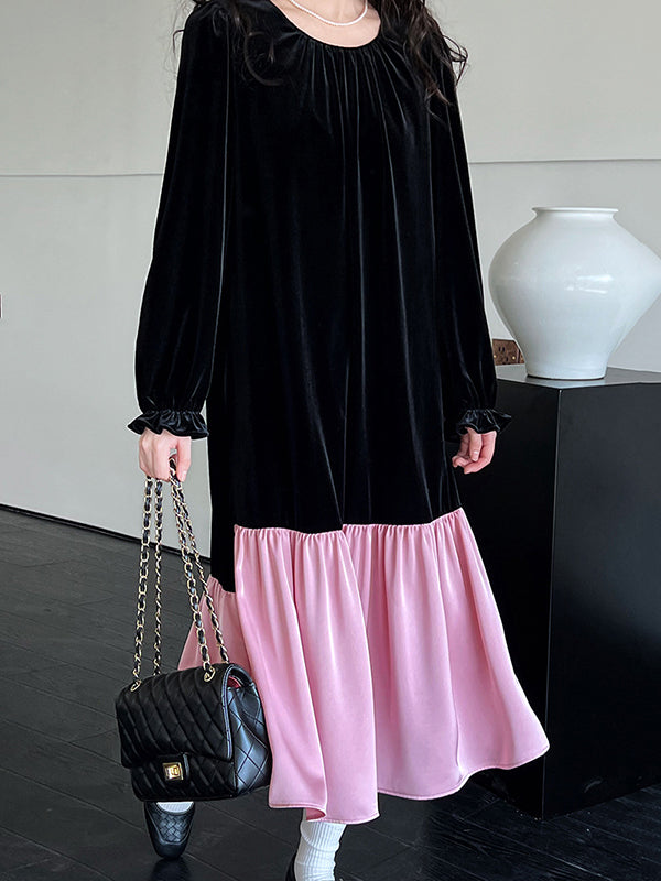 Flared Sleeves Long Sleeves Contrast Color Pleated Ruffled Split-joint Velvet Round-neck Midi Dresses