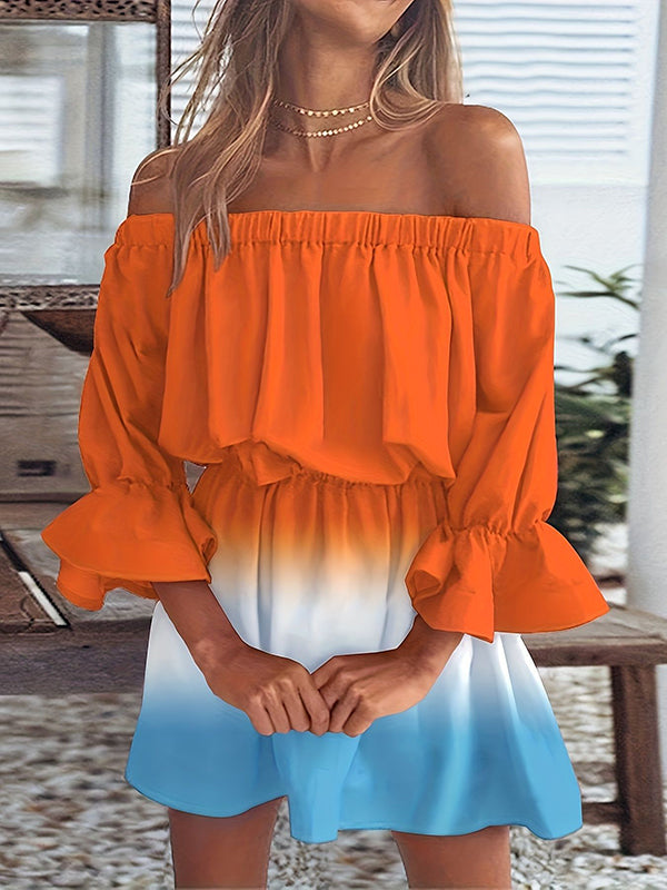Loose Ruffle Sleeves Elasticity Falbala Gradient Off-the-shoulder Mini Dresses