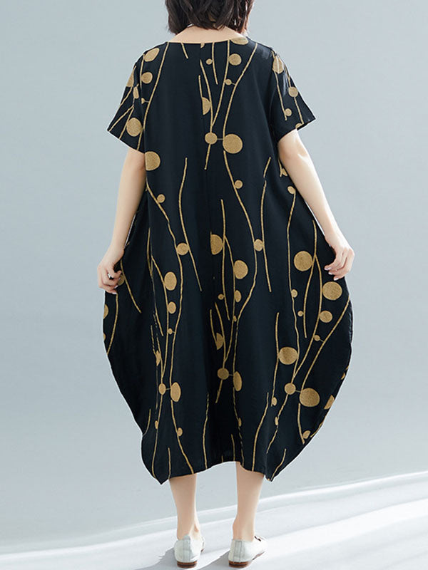 Loose Short Sleeves Printed Round-neck Midi Dresses