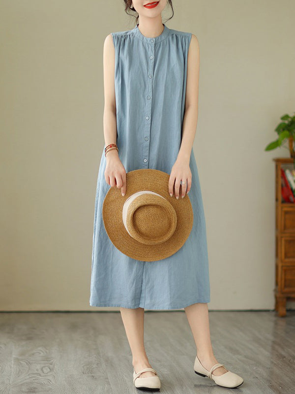 A-line Sleeveless Buttoned Pleated Color Round-neck Midi Dresses