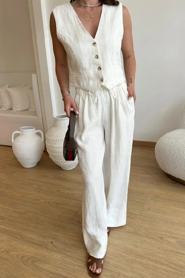 Color Cotton Linen Vest & Lace-up Pants Two-piece Set