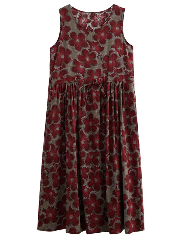 Loose Oversize Drawstring Printed Round-neck Midi Dresses
